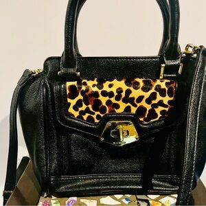 Nine West Black and Leopard Satchel Real Dyed Cow Fur